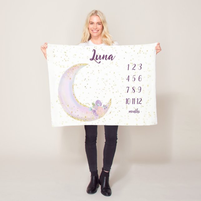 Personalized Luna Moon And Stars Monthly Milestone Fleece Blanket (In Situ)