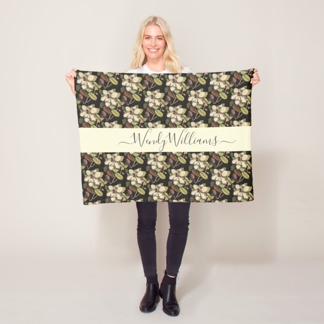 Personalized Lush Painted Magnolia Blooms Pattern Fleece Blanket (In Situ)