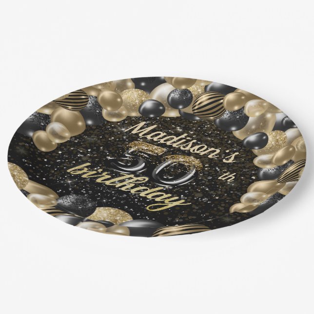 Personalized Luxury 50th Birthday Balloon Paper Pl Paper Plate (Angled)