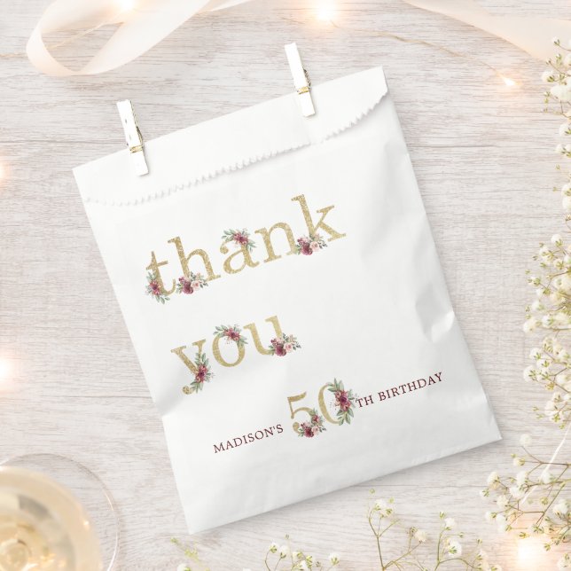 Personalized Luxury 50th Birthday Gold Floral Favour Bag (Clipped)
