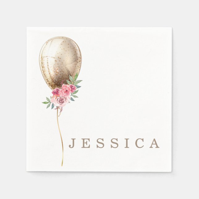 Personalized Luxury Beige Balloon Glitter Party Napkin (Front)