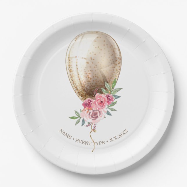 Personalized Luxury Beige Balloon Glitter Party Paper Plate (Front)