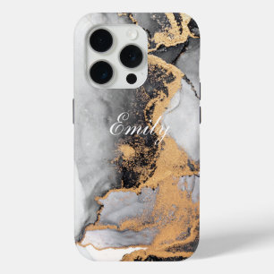 Personalized Luxury Black &  Gold Watercolor  iPhone 15 Pro Case