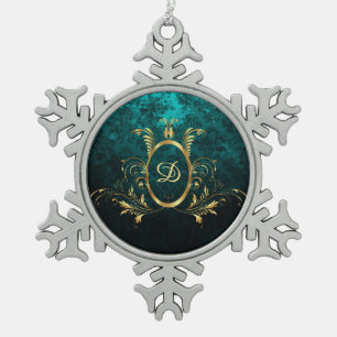 Personalized Luxury Damask gold Frame Snowflake Pewter Christmas Ornament