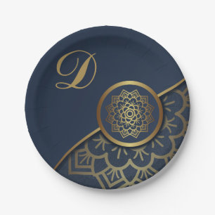 Personalized Luxury Gold Mandala Art Blue Paper Plate