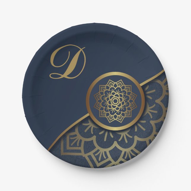 Personalized Luxury Gold Mandala Art Blue Paper Plate (Front)