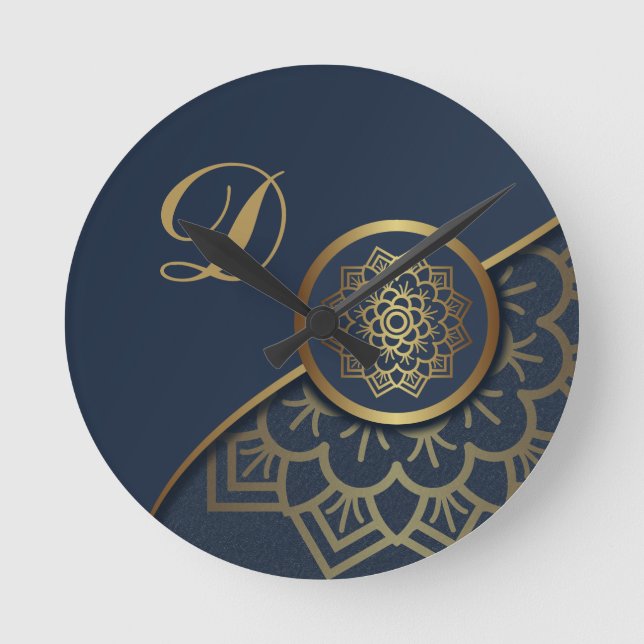 Personalized Luxury Gold Mandala Art Blue Round Clock (Front)