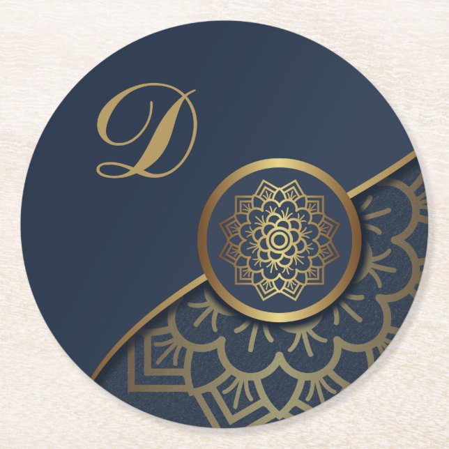 Personalized Luxury Gold Mandala Art Blue Round Paper Coaster (Front)
