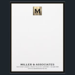 Personalized Luxury Monogram Business Letterhead<br><div class="desc">This luxurious business letterhead features a striking square brushed metallic medallion at the top, with your monogram and name elegantly displayed. The white background is framed with a bold black border, creating a sophisticated look that is perfect for business correspondence. Personalize with your own name and contact information to create...</div>