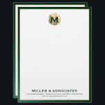 Personalized Luxury Monogram Business Letterhead<br><div class="desc">Elevate your professional image with this elegant personalized business letterhead featuring a brushed gold monogram medallion initial and classic block typography on a white background. The green leather trim adds a touch of sophistication to your correspondence. Customize the company name and contact information to make a lasting impression on clients...</div>
