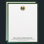 Personalized Luxury Monogram Business Letterhead<br><div class="desc">Elevate your professional image with this elegant personalized business letterhead featuring a brushed gold monogram medallion initial and classic block typography on a white background. The green leather trim adds a touch of sophistication to your correspondence. Customize the company name and contact information to make a lasting impression on clients...</div>