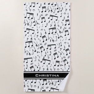 Personalized Luxury White and Black Music Notes Beach Towel