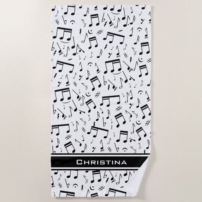 Personalized Luxury White and Black Music Notes Beach Towel (Front)