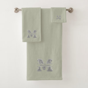 Personalized M Initial Silver Monogram Your Name Bath Towel Set