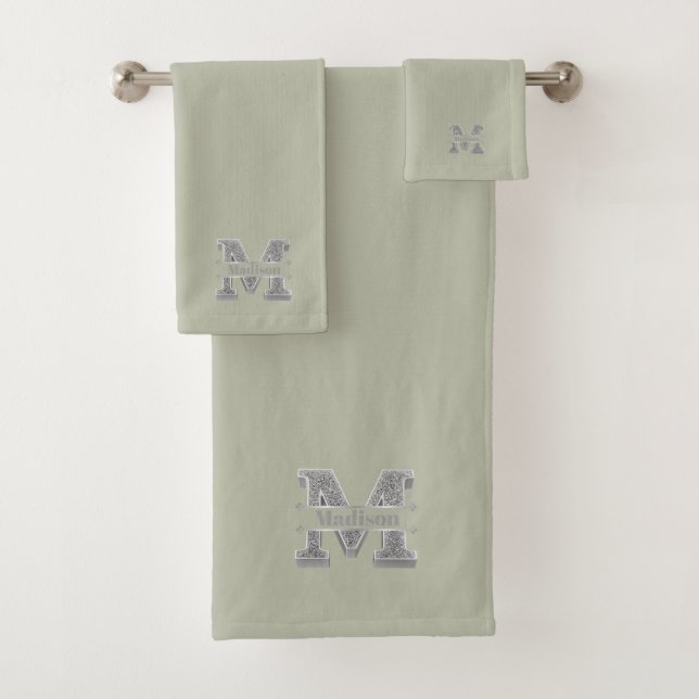 Personalized M Initial Silver Monogram Your Name Bath Towel Set (Insitu)