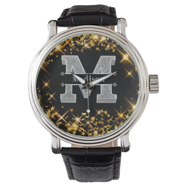Personalized M Initial Silver Monogram Your Name  Watch (Front)