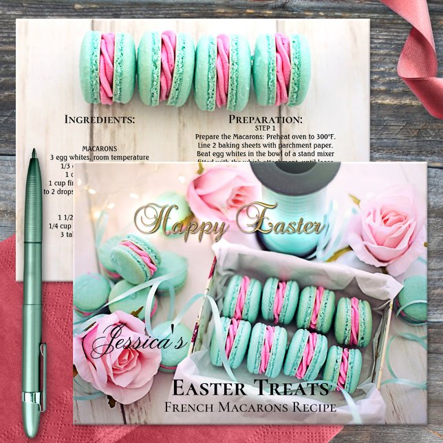 Personalized Macarons Recipe Template Postcard (Macarons recipe postcard with a pretty image of colorful macarons with pink rose - nice for Easter)