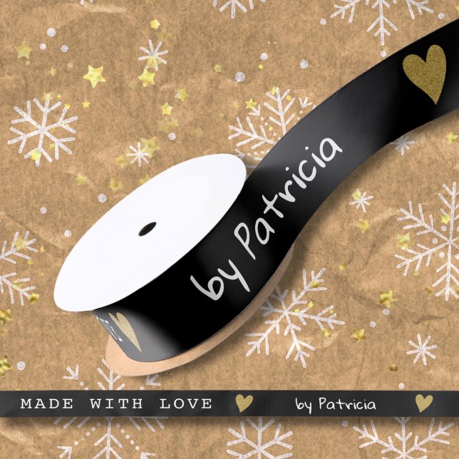 Personalized Made With Love Black And Gold Heart  Satin Ribbon (Creator Uploaded)