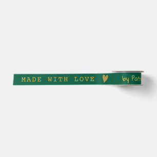 Personalized Made With Love Green And Gold Heart  Satin Ribbon