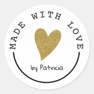 Personalized Made With Love Heart Gold Glitter Classic Round Sticker