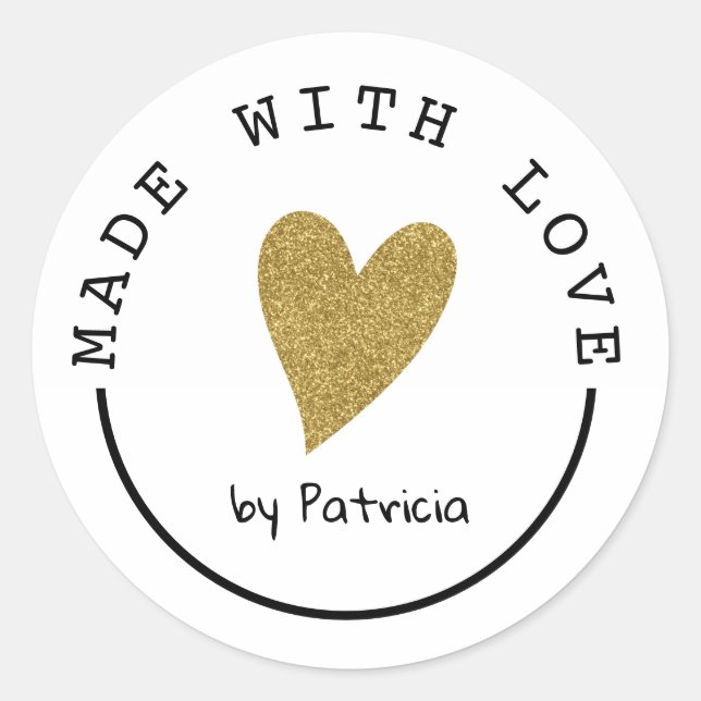 Personalized Made With Love Heart Gold Glitter Classic Round Sticker (Front)