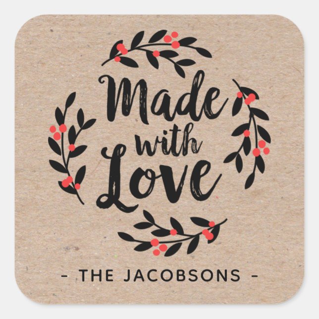 Personalized Made With Love Kraft Square Sticker (Front)