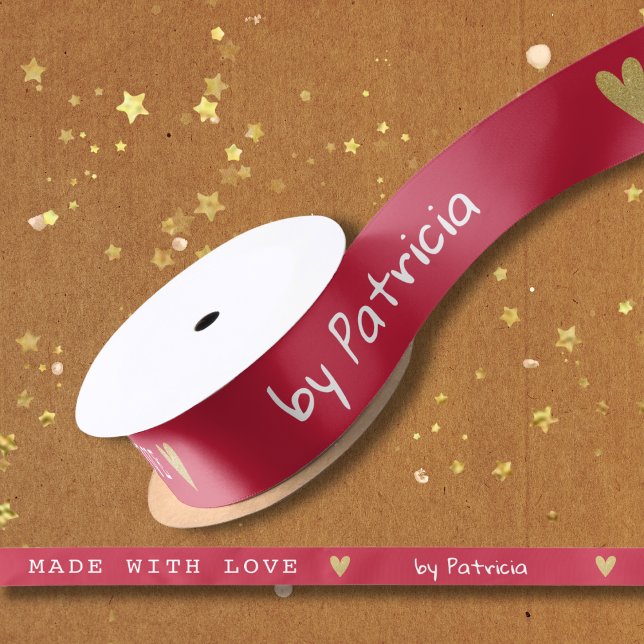 Personalized Made With Love Red And Gold Heart Satin Ribbon (Creator Uploaded)