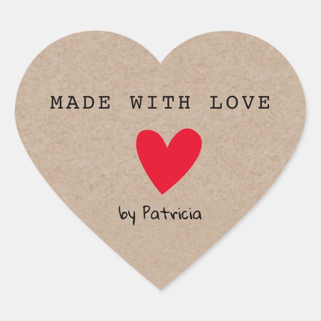 Personalized Made With Love Red Heart Kraft Heart Sticker (Front)
