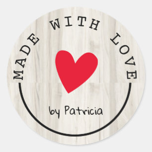 Personalized Made With Love Red Heart Light Wood Classic Round Sticker