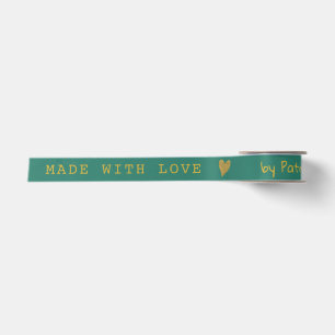 Personalized Made With Love Teal And Gold Heart Satin Ribbon