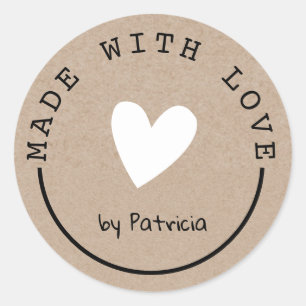 Personalized Made With Love White Heart Kraft  Classic Round Sticker