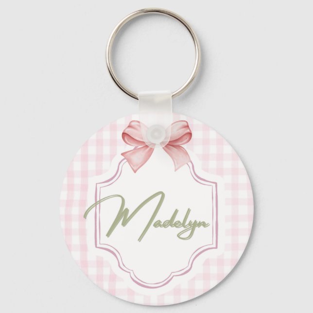 Personalized Madeline Baby Girl Nursery BowGingham Keychain (Front)