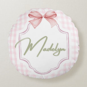 Personalized Madeline Baby Girl Nursery BowGingham Round Pillow