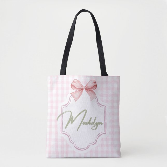 Personalized Madeline Baby Girl Nursery BowGingham Tote Bag (Front)