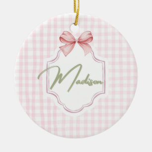 Personalized Madison Baby Girl Nursery Bow&Gingham Ceramic Ornament