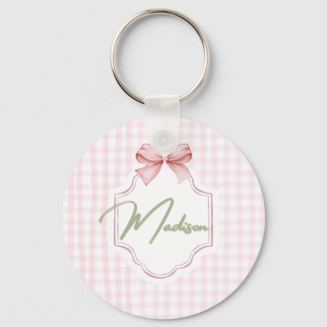 Personalized Madison Baby Girl Nursery Bow&Gingham Keychain (Front)