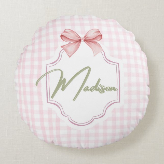 Personalized Madison Baby Girl Nursery Bow&Gingham Round Pillow (Front)