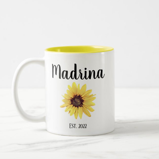 Personalized Madrina Est. Painted Sunflower Two-Tone Coffee Mug (Left)