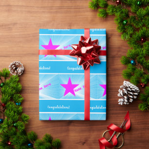 Personalized Magenta Star Blue Congratulations Wrapping Paper