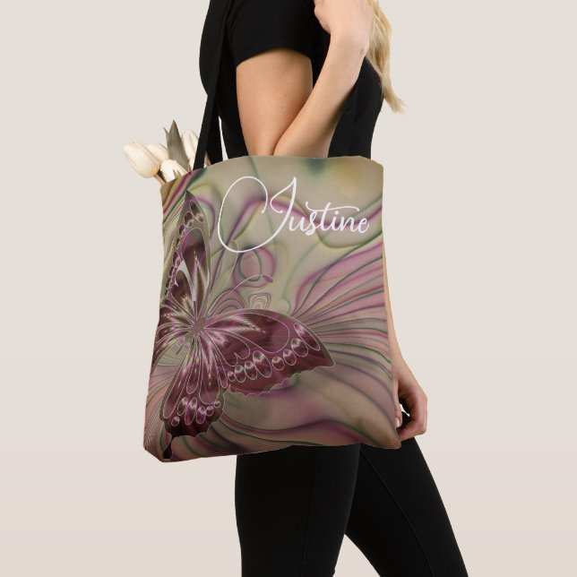 Personalized Magenta Whimsical Butterfly Tote Bag (Close Up)