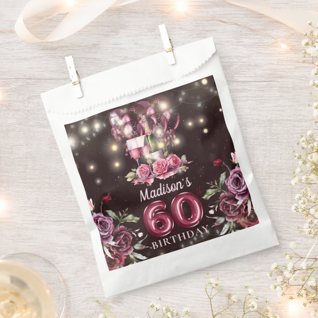 Personalized Magenta Wine 60th Birthday Favour Bag (Clipped)