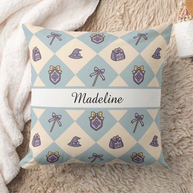 Personalized Magical Girl Name Blue Checkered Throw Pillow (Blanket)
