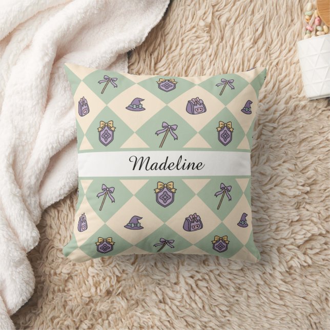 Personalized Magical Girl Name Green Witch Wizard Throw Pillow (Blanket)