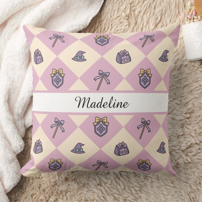 Personalized Magical Girl Name Pink Checkered Throw Pillow (Blanket)