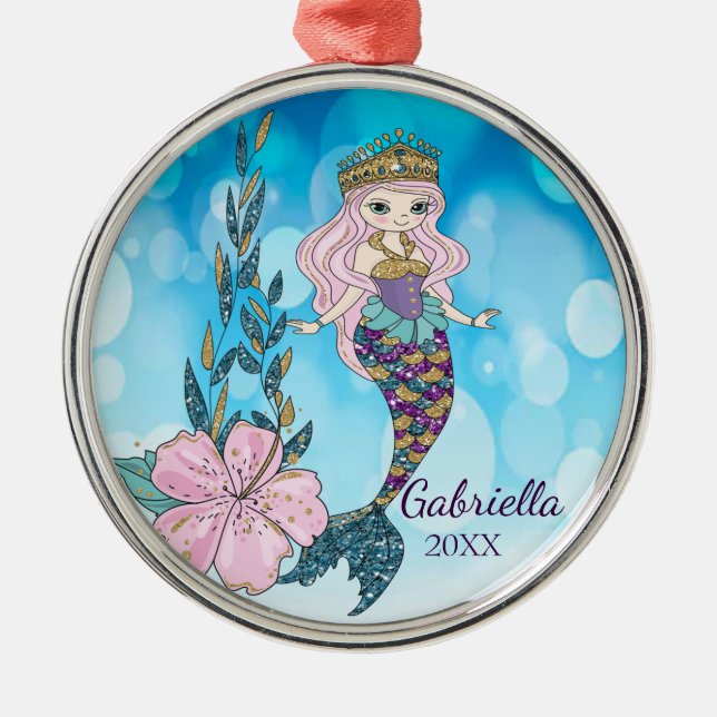 Personalized Magical Glitter Mermaid Ornament (Front)
