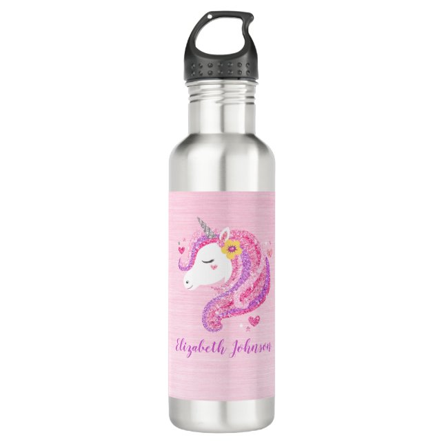 Personalized Magical Pink Glitter Unicorn Face  710 Ml Water Bottle (Front)