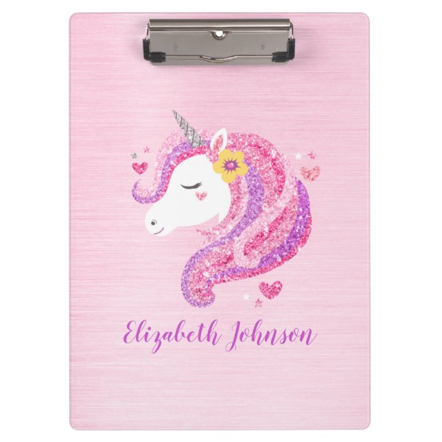Personalized Magical Pink Glitter Unicorn Face  Clipboard (Front)