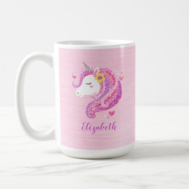 Personalized Magical Pink Glitter Unicorn Face  Coffee Mug (Left)