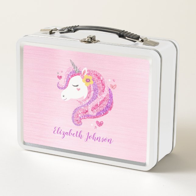 Personalized Magical Pink Glitter Unicorn Face  Metal Lunch Box (Front)