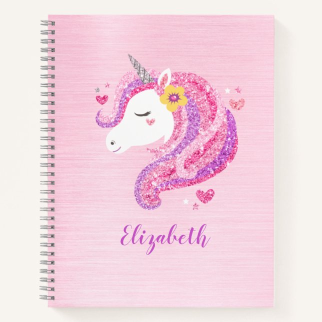 Personalized Magical Pink Glitter Unicorn Face  Notebook (Front)